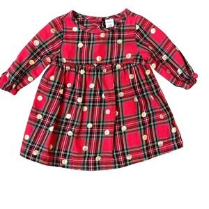 Old Navy Baby Girls Red Plaid Dress Gold Polka Dots Pleats Christmas Holiday 3-6